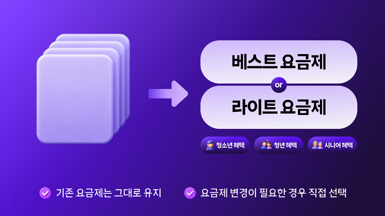 요금제 개편 흐름 안내 이미지 — 여러 요금제가 베스트 요금제 또는 라이트 요금제로 통합